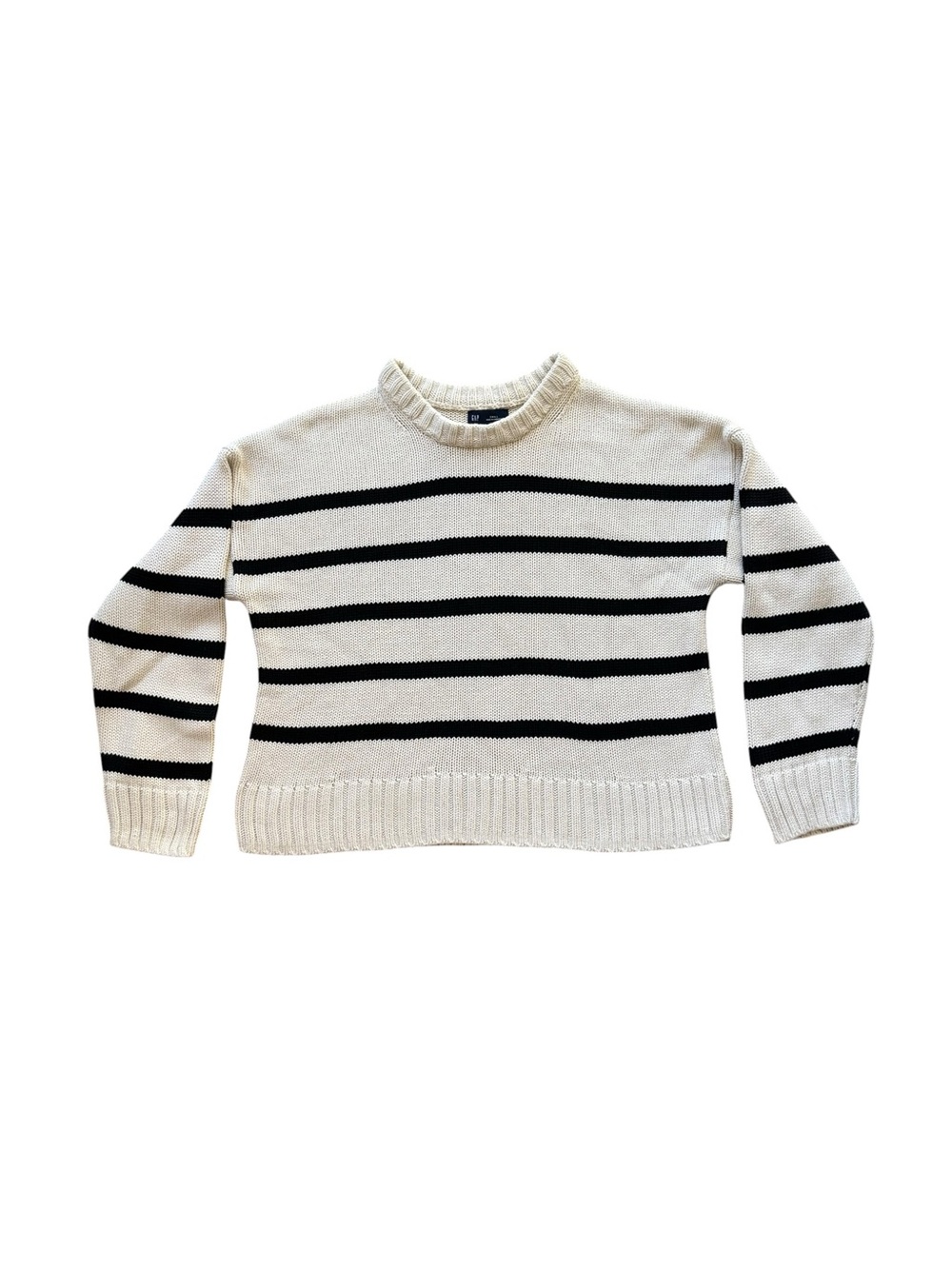 GAP Minimalist Shaker-Stitch Crewneck Sweater Black Off White Stripe S